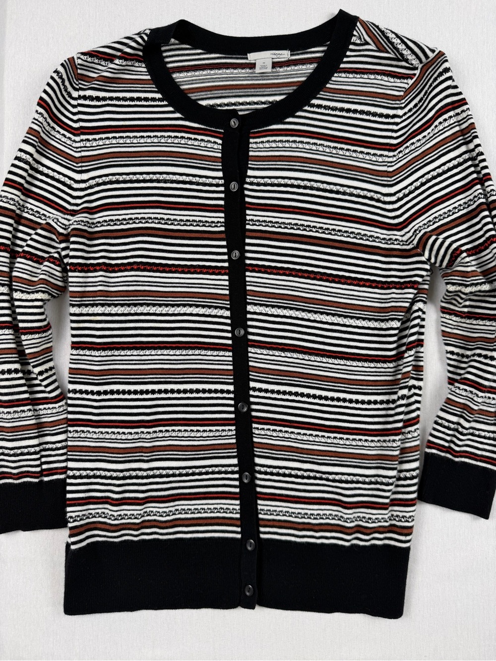 Halogen Black White Neutral Striped Knit Button Front Cardigan Sweater Medium